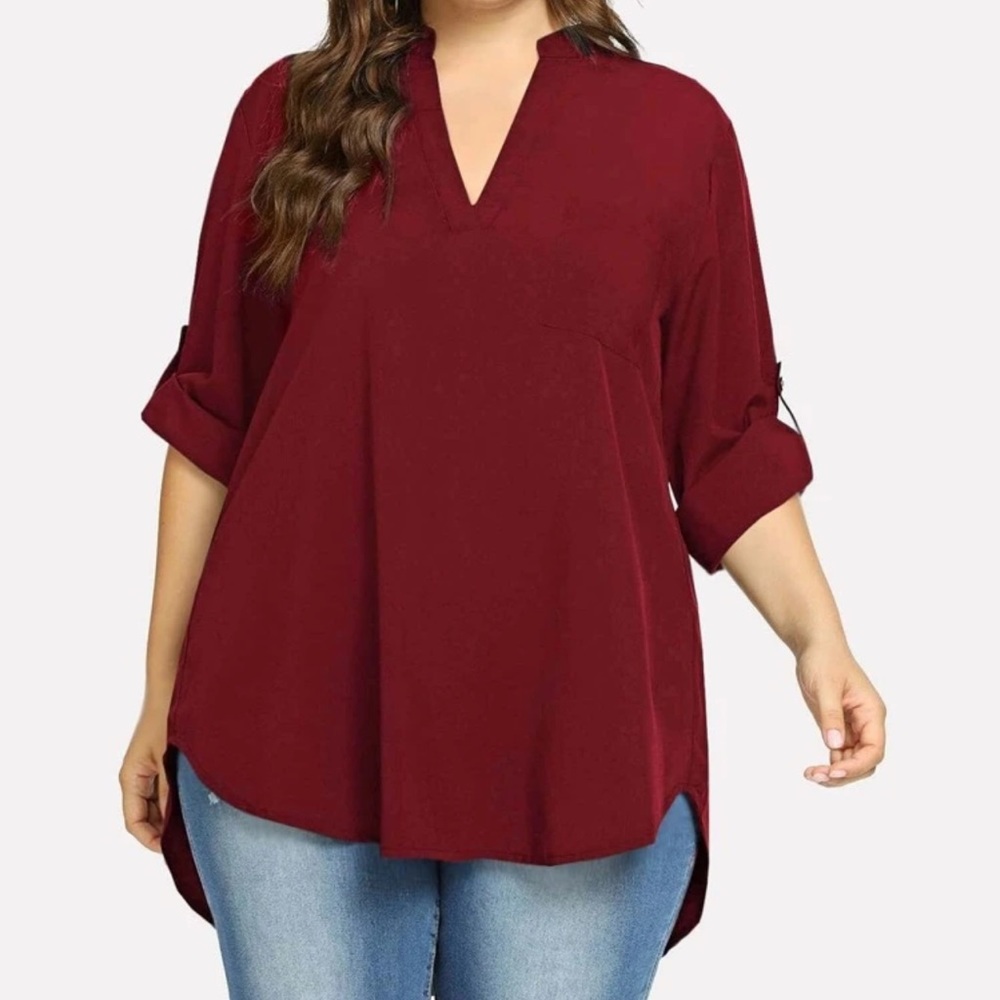 Roll tab long sleeve notched v neck hi low tunic top shirt navy blue boho - Picture 5 of 6